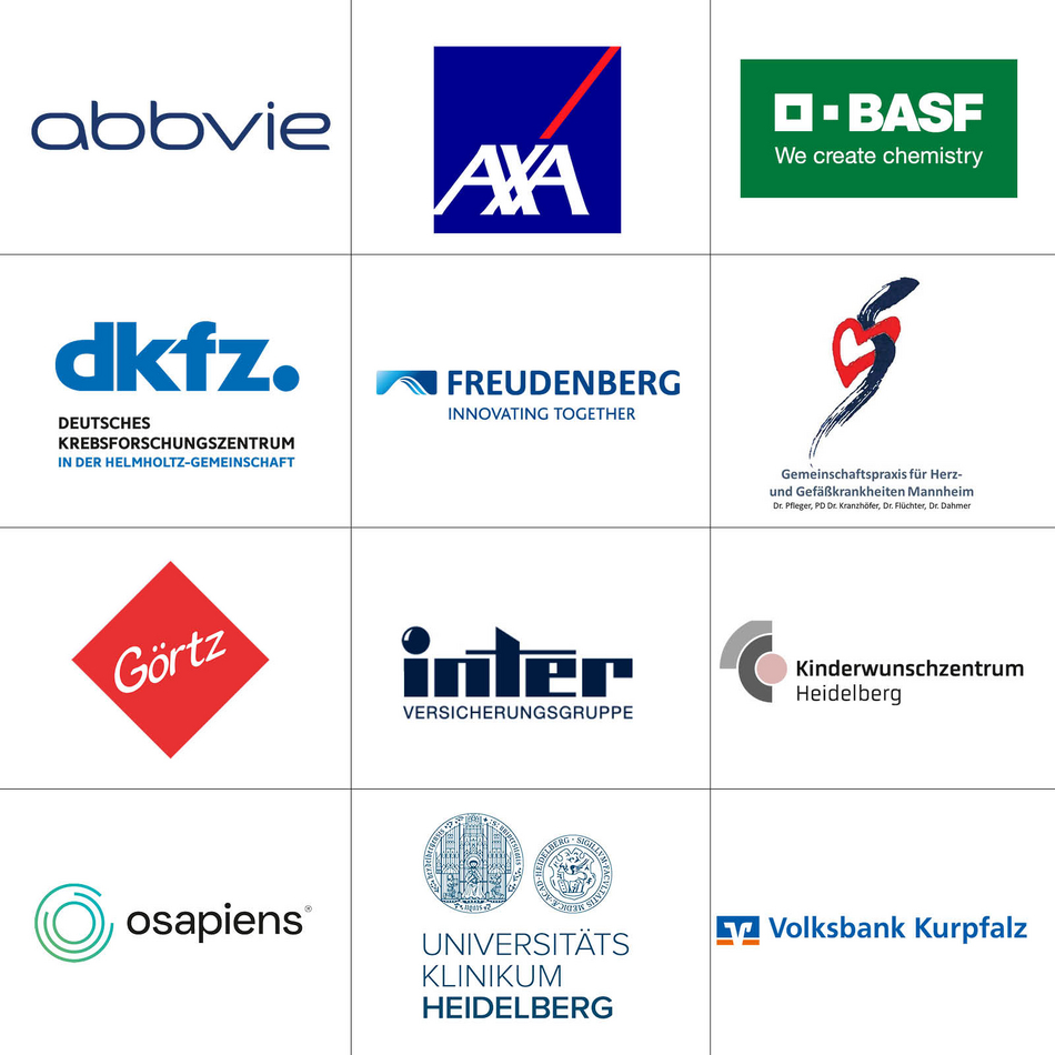 Logos von zwölf Unternehmen und Institutionen, die ihren Mitarbeitenden das rnv-Job-Ticket anbieten: AbbVie, AXA, BASF, Deutsches Krebsforschungszentrum (DKFZ), Freudenberg, eine kardiologische Gemeinschaftspraxis in Mannheim, Görtz, Inter Versicherungsgruppe, Kinderwunschzentrum Heidelberg, osapiens, Universitätsklinikum Heidelberg und Volksbank Kurpfalz.