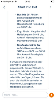 Screenshot einer Unterhaltung mit dem Chatbot in der rnv-Start.Info-App: Antwort auf "Wie komme ich vom Bismarckplatz zum Paradeplatz?"