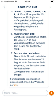 Screenshot einer Unterhaltung mit dem Chatbot in der rnv-Start.Info-App. Antworten des Chatbots zu Verkehrsmeldungen an der Haltestelle Berliner Platz in Ludwigshafen