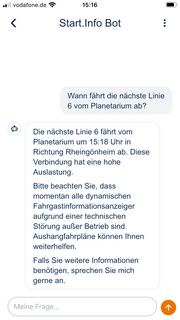 Screenshot einer Unterhaltung mit dem Chatbot in der rnv-Start.Info-App: Wann fährt die nächste Linie 6 vom Planetarium ab?