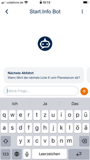 Screenshot einer Unterhaltung mit dem Chatbot in der rnv-Start.Info-App: Wann fährt die nächste Linie 6 vom Planetarium ab