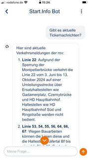 Screenshot einer Unterhaltung mit dem Chatbot in der rnv-Start.Info-App: Gibt es aktuelle Ticker-Nachrichten?