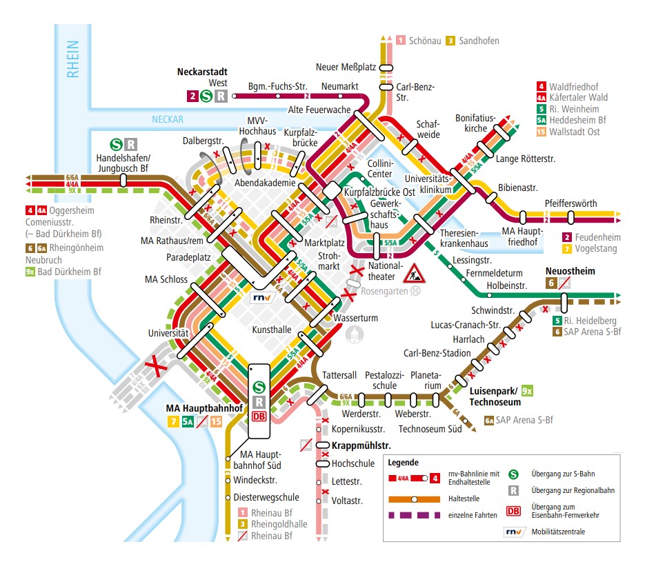 Liniennetzkarte zur Gleiserneuerung am Friedrichsring zeigt die erste Phase der Stadtbahn-Umleitungen in der Mannheimer Innenstadt vom 19. Februar bis 15. Mai 2026.